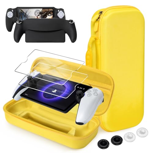 CoBak Hard Carrying Shell Case for PlayStation Portal Remote Player - with 2 Screen Protector, 1 Grip Case, 4 Thumb Grip Caps, Hard Outer Cover for PS5 Portal, Yellow - color: **Yellow