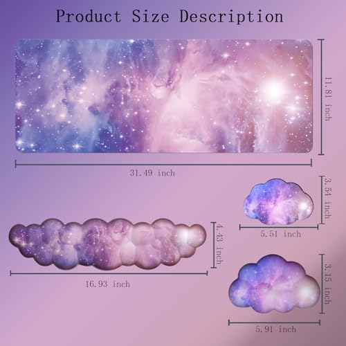 Cloud Wrist Rest Keyboard Purple Cloud Mouse Pad Set 4PCS Galaxy Large Desk Mat Ergonomic Space Wrist Pad Support Memory Foam Non-Slip Wrist Rest for Keyboard and Mouse Computer Gaming Home Office - color: 4pcs Purple Galaxy