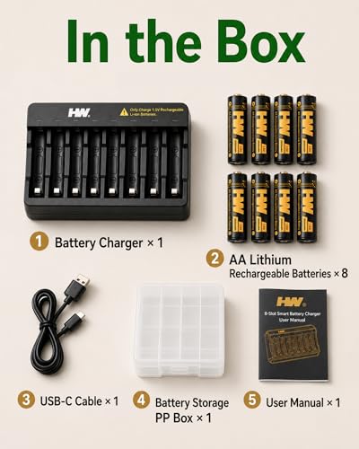 HW Rechargeable AA Batteries with AA/AAA Charger, [1.5V, 8-Pack] 3500mWh Double A Lithium Battery Charger High Capacity, Cargador de Baterias for Toys, Keyboards, Doorbell, Remote Controls, etc.