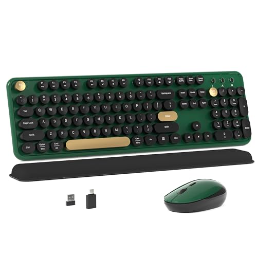 MPTOG Colorful Wireless Computer Keyboard and Mouse Combo with Round Typewriter Keycaps, Retro Design, Power Switch, Ergonomic Design, 2.4GHz Wireless for Windows, Mac, PC(Dark Green) - color: Black-Dark Green