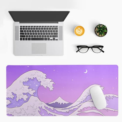 Purple Japanese Sea Wave Gaming Mouse Pad - Large Desk Mat with Non-Slip Base and Stitched Edge for Gaming and Office - 31.5x11.8 Inch - color: Purple Japanese Sea Wave