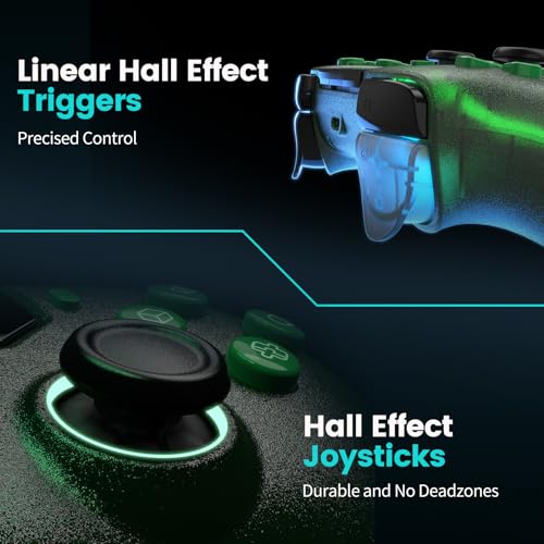 citnh Wireless Controller for PS-5/Pro/Slim/PC, with Transparent Shell/RGB Tape Light/Hall Effect Joyticks and Trigger/Macro/Turbo/3.5mm Audio Jack/Speaker and Mic/1500 mAh Large Battery Gamepad (Green)