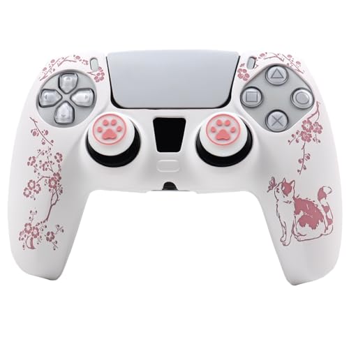 Cat Among Blossoming Branches Controller Skin Cover Compatible with PS5/Playstation 5 Controller, RALAN Protector Case Customised Thumb Grip - color: Cat White Pink