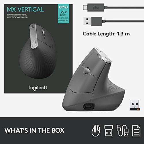 Logitech MX Vertical Wireless Mouse Ergonomic Design - Graphite | Reduces muscle strain, move content between 3 Windows and Apple computers, rechargeable