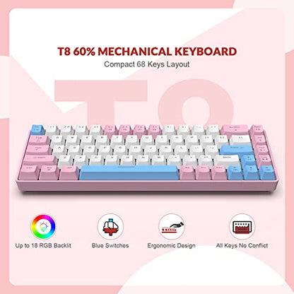 ZIYOU LANG RK-T8 Wired 65% Mechanical RGB Gaming Keyboard-Pink/White/Blue | Rainbow Backlit,Anti-ghosting,TKL,Mini 68 Key,Custom Coiled C to A Cable,Tactile Blue Switch for PS4 PS5 Xbox PC Mac Gamer - color: Pink White Blue, size: 65% Keyboard