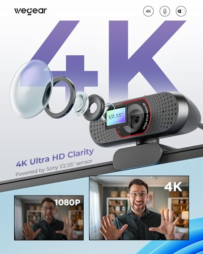 wegear 4K Webcam for PC, USB-A Computer Camera with Sony 1/2.55'' Sensor, 4K@30FPS & 1080P@60FPS, PDAF Autofocus, Dual Noise-Canceling Mics, Privacy Cover, 73° FOV for Meetings, Streaming & Gaming