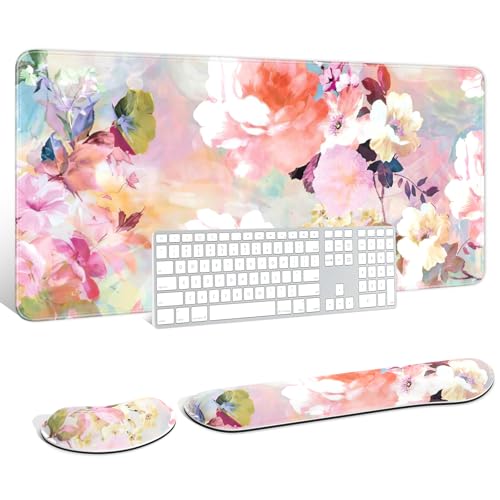 Auhoahsil Large Mouse Pad with Wrist Rests for Keyboard & Mouse, Thick Soft Ergonomic Memory Foam Wrist Supports, Big & Long Desk Mat 35.5 x 15.7 in, for Office Gaming Computer, Pink Flowers - color: Watercolor Pink Flowers