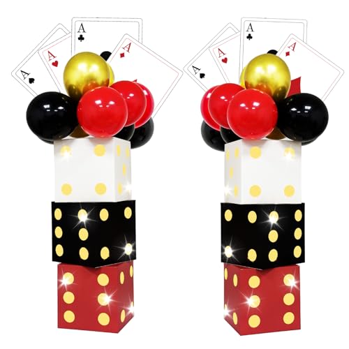 AerWo 81 Pcs Large Dice Boxes Casino Theme Party Decorations with Balloons & Jumbo Poker Cards, 11 inch Giant Dice Box with String Lights for Las Vegas Game Night Party Backdrop Red Black Golden