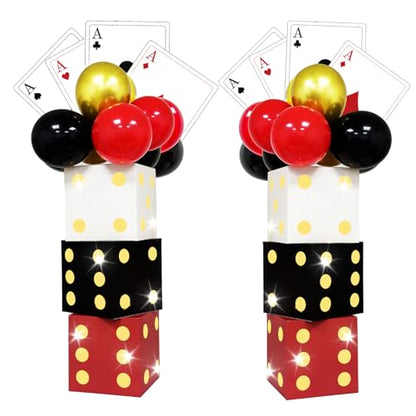 AerWo 81 Pcs Large Dice Boxes Casino Theme Party Decorations with Balloons & Jumbo Poker Cards, 11 inch Giant Dice Box with String Lights for Las Vegas Game Night Party Backdrop Red Black Golden
