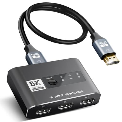 HDMI 2.1 Switch 3 in 1 Out, 4K@120Hz 8K@60Hz, Aluminum,48Gbps w/HDMI Cable | HDMI Splitter Switch supports 1080P@240Hz, Compatible with PS5, Xbox Series X, PC, Laptop and Gaming Consoles