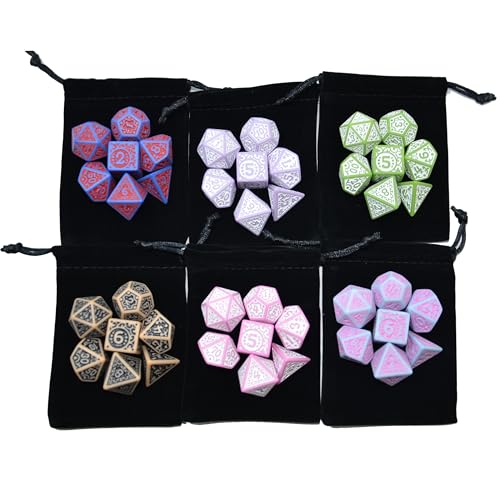 SmartDealsPro Retro Polyhedral Dice Sets with Pouches for D&D DND RPG MTG Dungeon and Dragons Table Board Roll Playing Games D4 D6 D8 D10 D% D12 D20 - color: 6-color Retro Sets 2