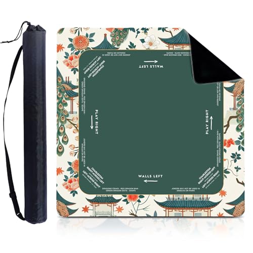 Foilswirl 1 Pcs Mini Chinoiserie Mahjong Mat for Travel - 21" x 21" Green Floral Peacock Mahjong Mat Non-Slip Noise Reduction Carrying Bag for Poker Board Card Games Dominoes
