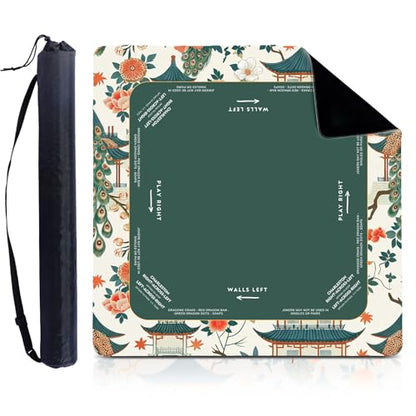 Foilswirl 1 Pcs Mini Chinoiserie Mahjong Mat for Travel - 21" x 21" Green Floral Peacock Mahjong Mat Non-Slip Noise Reduction Carrying Bag for Poker Board Card Games Dominoes