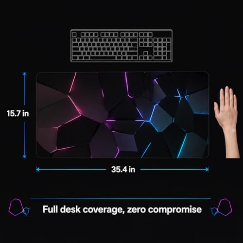 Gaming Desk Mat 35.4x15.7 Inch, Large Extended Mouse Pad with 3D Neon Geometric Design, Non-Slip Water-Resistant Desk Pad for Gaming Setup, PC & Home Office - color: Black 3d Neon