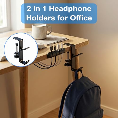 4 Pcs Under Headset Stand - Aluminum Alloy Headphone Holder with 1 Cord Organizer for Desk Fit for PC Gaming Headset Hanger Hook Suitable for Office,Computer, Class Desk, Handmade Creator Table,Black
