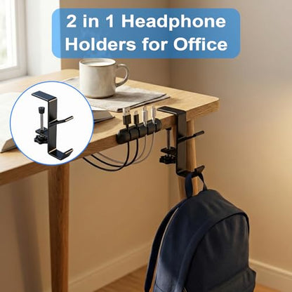 4 Pcs Under Headset Stand - Aluminum Alloy Headphone Holder with 1 Cord Organizer for Desk Fit for PC Gaming Headset Hanger Hook Suitable for Office,Computer, Class Desk, Handmade Creator Table,Black
