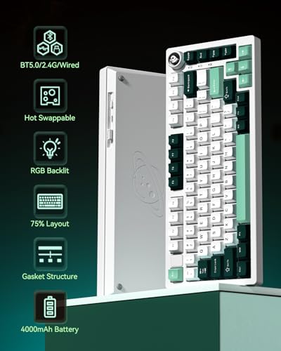 LEOBOG x Aula HI75C Pro PC Gaming Aluminum Alloy Keyboard,Bluetooth/USB-C/Wireless Tri-Modes Mechanical Keyboards,Hot Swappable Green Creamy Keyboard with Ice Vein Switch for Windows/Mac/Tablet Gamer - color: Green