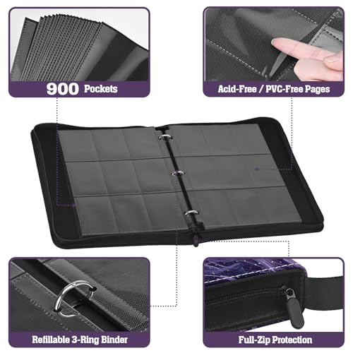 Trading Card Binder 900 Slots, 3-Ring Refillable 9-Pocket Album, 50 Top-Loading Pages, Zippered Case with Strap, Acid-Free PVC-Free, Fits 2.5 x 3.5 in Cards, TCG - color: Nebula Dragon - 2