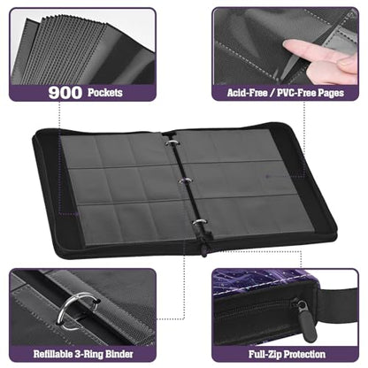 Trading Card Binder 900 Slots, 3-Ring Refillable 9-Pocket Album, 50 Top-Loading Pages, Zippered Case with Strap, Acid-Free PVC-Free, Fits 2.5 x 3.5 in Cards, TCG - color: Nebula Dragon - 2