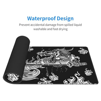 Japanese Dragon Gaming Mouse Pad Large Black Desk Mat, 31.5x11.8in, XL | Extended Big Mousepad, Waterproof Smooth Surface, Non-Slip Rubber Base, Stitched Edges, For Keyboard Mouse, For Home Office - color: Japanese Dragon