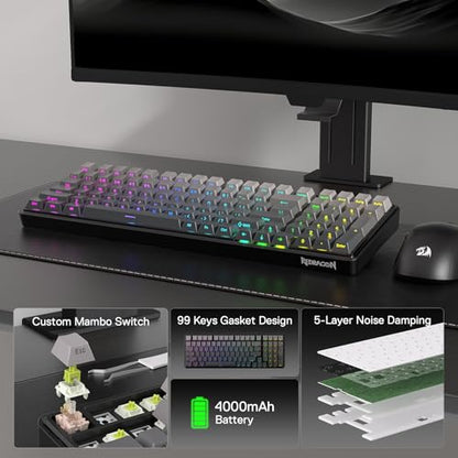 Redragon K744 GB PRO 99 Keys Wireless Gasket RGB Gaming Keyboard, 3-Mode Mechanical Keyboard w/Hot-Swap Socket, Gradient PBT Keycaps & 5-Layer Noise Dampening, Custom Linear Switch - color: Concrete Jungle, size: 99 Keys
