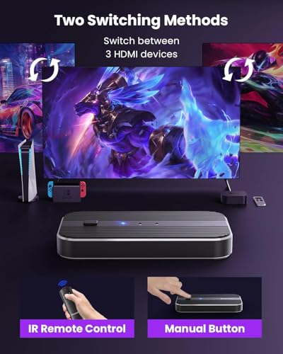 HDMI Switch 3 in 1 Out 4K@60Hz, 3 Port HDMI Switch 3 in 1 Out with Remote Support HDCP2.2 Compatible with Dolby Nintendo Switch PS5/4/3 Xbox Roku TV Fire Stick Blu-Ray Player