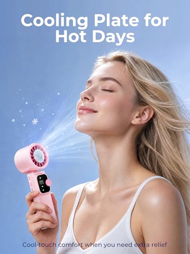 Portable Handheld Turbo Fan with Cooling Plate, 1-199 Speeds, LED Display | 4000mAh USB-C rechargeable battery, 15000 RPM motor, neck and desk modes for travel, office and camping - color: pink