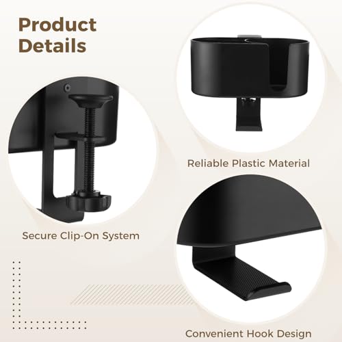 2-in-1 Desk Cup Holder Clamp with Headphone Hanger, Clip On Desk Organizer for Drinks and Headsets, No Drill Install ABS Caddy, Fits Cups Under 3.54 in for Gaming or Office Desks