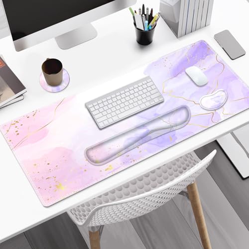 Large Gaming Mouse Pad Set, 4 in 1 Extended Keyboard Desk Mat with Wrist Rest, PC Computer Game Mousepad Set, Non-Slip Desk Pad Easy Typing Pain Relief for Home Office I Pink Purple Marble - color: Pink Purple Marble