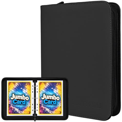 WITHYU Jumbo Card Binder, 5.7 x 7.9 Inch 3-Ring Trading Card Album with Zipper, Holds Oversized Jumbo Cards, 40 Removable Sleeves with 80 Pockets, Waterproof PU Leather Collector Binder, Black - color: 5.7x7.9-black