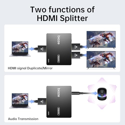 8K HDMI Splitter 1 in 2 Out - 60Hz, Supports 4K@120Hz HDR, Dolby/DTS, EDID, HDCP 2.3 for PS5, Xbox, NVIDIA - 3.5mm Audio Extraction, USB-C Power Input(1 Pack)