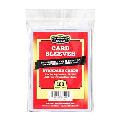 Cardboard Gold Penny Sleeves for Trading Cards - 100 Count Standard Size | Crystal-Clear Soft Plastic, Acid-Free, PVC-Free, Fits Top Loaders and Binders, TCG Compatible - size: 100 Sleeves