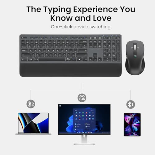 Wireless Keyboard and Mouse with Wrist Rest, Full Size Multi Device Keyboard and Mouse Combo, Bluetooth Keyboard and Mouse Combo for Laptop PC Mac, Work Keyboard and Mouse