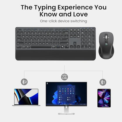 Wireless Keyboard and Mouse with Wrist Rest, Full Size Multi Device Keyboard and Mouse Combo, Bluetooth Keyboard and Mouse Combo for Laptop PC Mac, Work Keyboard and Mouse
