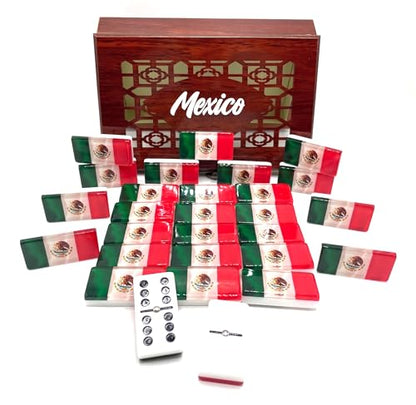 Mexico flag Dominoes Premium Edition Mexican Dominoes Set Deluxe – Double Six Domino Adult Tiles with Mexican Flag Design – Resin & Clear Top Acrylic – Classic Artisan Wooden Storage Case Included
