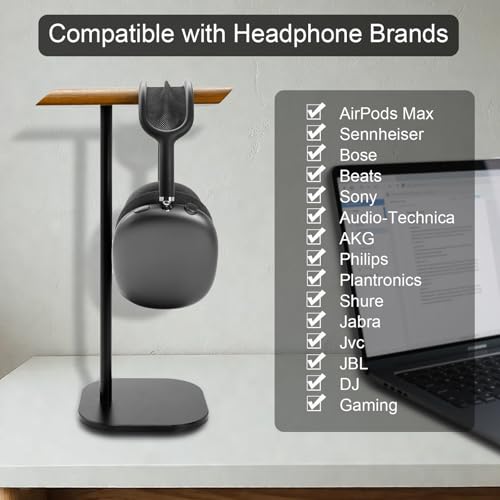 GEVO Headphone Stand for Desk, Walnut Wood & Aluminum Headset Stand, Universal Walnut Gaming Headset Holder with Solid Heavy Base for AirPod Max, Bose, Sony All Headphone Sizes (Square Base)