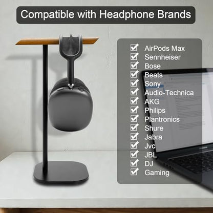 GEVO Headphone Stand for Desk, Walnut Wood & Aluminum Headset Stand, Universal Walnut Gaming Headset Holder with Solid Heavy Base for AirPod Max, Bose, Sony All Headphone Sizes (Square Base)