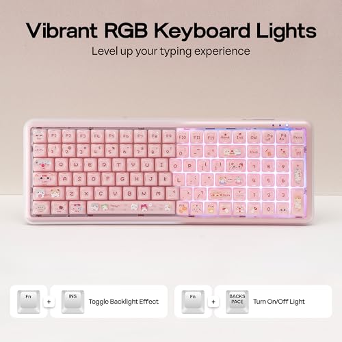 MechLands X Maorbeng X100 PRO Membrane Gaming Keyboard with Number Pad, RGB Backlits, Wireless Computer Keyboard with 5000mAh Battery, BT/2.4G/USB-C Wired, 96% Layout for Windows/Mac/PC (Pink) - color: Pink