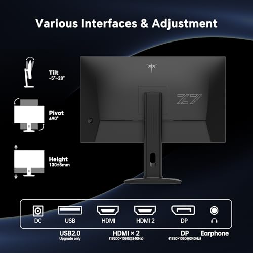 KTC 27 Inch 240Hz Gaming Monitor, FHD 1080p Fast IPS, Adaptive Sync, H27F7 | HDR, Height Pivot Tilt Adjustable, Vesa Mount, HDMI/DP - color: Black, size: 27-inch