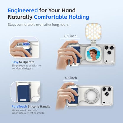 COMITOK iPhone Camera Grip MOCA with Magnet Fill Light & Mirror for 17 Pro iOS26 Native Camera, Fun Shot Magnetic Grip for Phone Compatible iOS17 and iOS18 with Anti-Drop Detachable Remote & Keychain - color: Blue