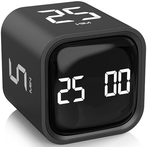 Rotating Pomodoro Timer 5/25/10/50, Desk Productivity Flip Timer, ADHD Tool | Countdown/Stopwatch Cube Timer, Vibration/High/Low Volume/Custom Modes, for Work Study, Back to School, Kitchen - color: Black