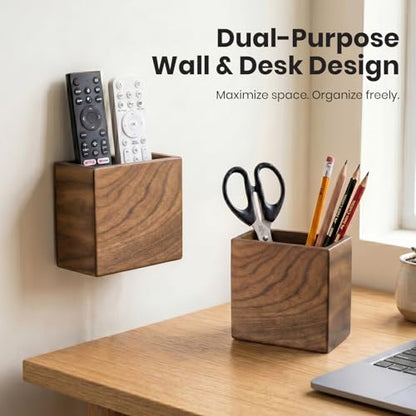 Remote Holder Hole-Free, Self-Adhesive Storage Wooden Box Small | Wall Mounted or Desk Mounted Container for Remote Phone Pencil Stationery Accessories Placement - size: Small
