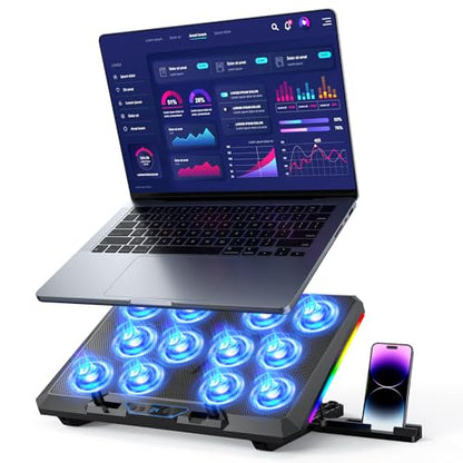 Laptop Cooling Pad with 12 Quiet Fans, Slim Portable for 12-17.3 Inch Laptop Cooler Stand, RGB Lighting, with 5 Height Adjustable, Gaming Cooling Fan Pad,Two USB Ports, Phone Holder (LCD) - size: 12Fan-LCD