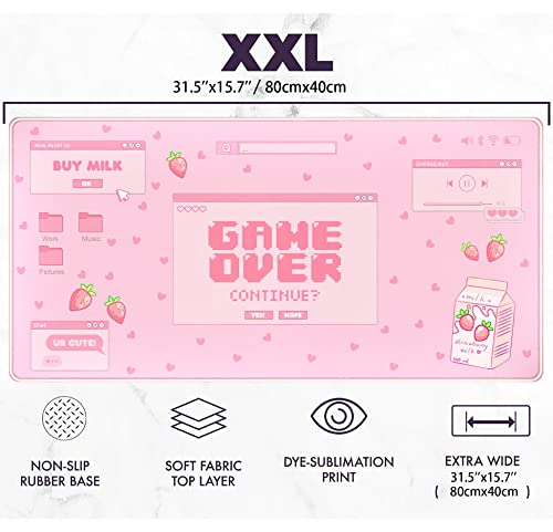 Pink Kawaii Anime Gaming Mouse Pad XXL, Strawberry Milk Mousepad Large, Aesthetic Laptop Keyboard Mats, Full Desk Mouse Mat for Women Girl 31.5X15.7 in - color: Pastel Game Over