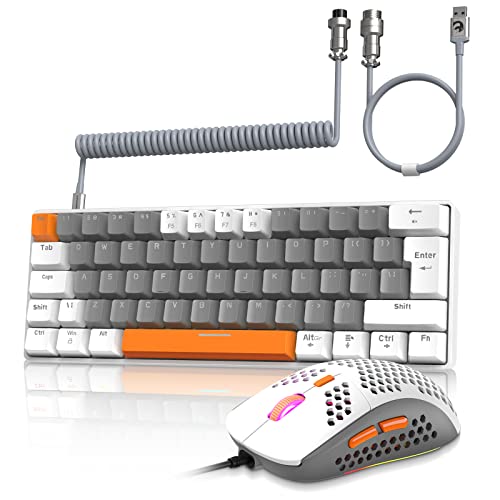 RK-T60 Wired Mechanical Gaming Keyboard and Mouse Combo - Light Gray | Portable with Rainbow Backlit, 62-Key, NKRO, Red Switch; 6400 DPI, RGB Honeycomb Mice, Coiled Aviator Cable, for PS4/PC/WIN - color: Light Grey, size: Keyboard + Mouse + Coiled Cable