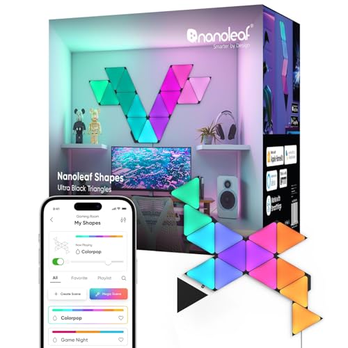 Nanoleaf Shapes WiFi and Thread Smart RGBW 16M+ Color LED Dimmable Gaming and Home Decor Wall Lights Smarter Kit - size: Black Triangles Smarter Kit (15 Pack)