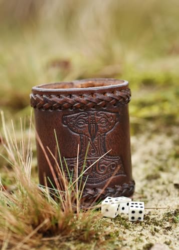 Ulfberth - Viking dice Cup with Embossed Motif - Genuine Leather - Medieval Leather Cup with Engraving (Thor's Hammer Style, Brown) - color: Thor's Hammer, Brown
