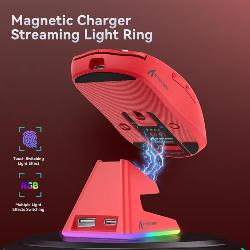 ATTACK SHARK X6 Lightweight Wireless Gaming Mouse with RGB Backlight Charging Base,Tri-Mode Wired/2.4GHz/BT5.2,26K DPI, PAW3395 Optical Sensor,HUANO Switch,5programmable Buttons,PC/Mac(Red) - color: Red, size: Mouse without Anti-slip sticker
