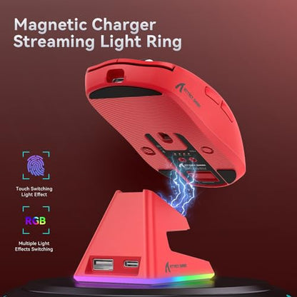 ATTACK SHARK X6 Lightweight Wireless Gaming Mouse with RGB Backlight Charging Base,Tri-Mode Wired/2.4GHz/BT5.2,26K DPI, PAW3395 Optical Sensor,HUANO Switch,5programmable Buttons,PC/Mac(Red) - color: Red, size: Mouse without Anti-slip sticker
