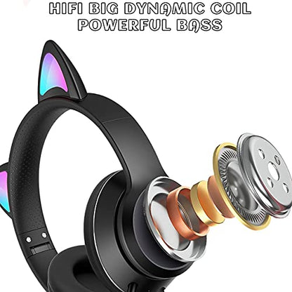 Cat Ear Gaming Headphones Wired AUX 3.5mm with LED Light, VIGROS Flashing Stereo Game Headphones Surround Sound Over-Ear Headsets with Microphone Fit Kids & Adult for PC, PS4, Switch, Mobile, Laptop - color: Black